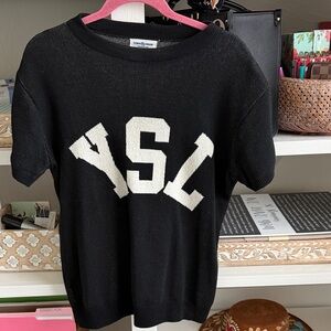Black Short Sleeve Sweater with White YSL Lettering. Size XS. Oversized.